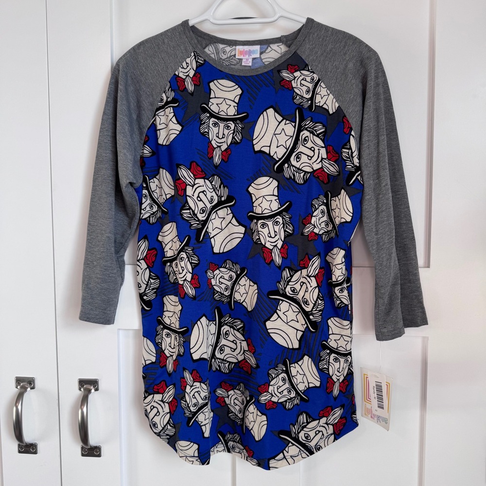 NWT LuLaRoe Randy Women's‎ Size Medium Gray Blue Red Patriotic Top Hat Uncle Sam